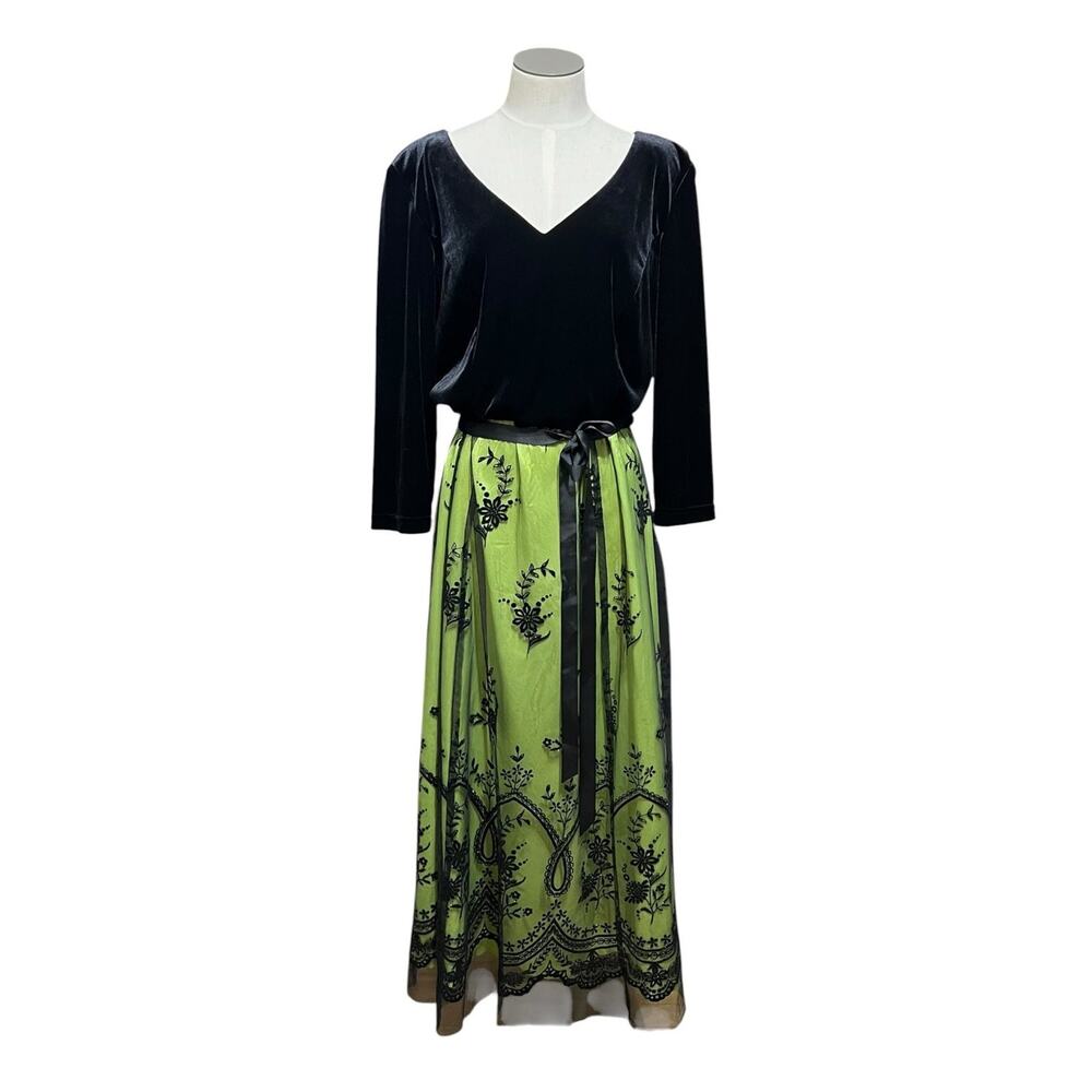 Vintage Whimsigoth Velvet Coldwater Creek Black Green Tulle Lace Dress Sz 14
